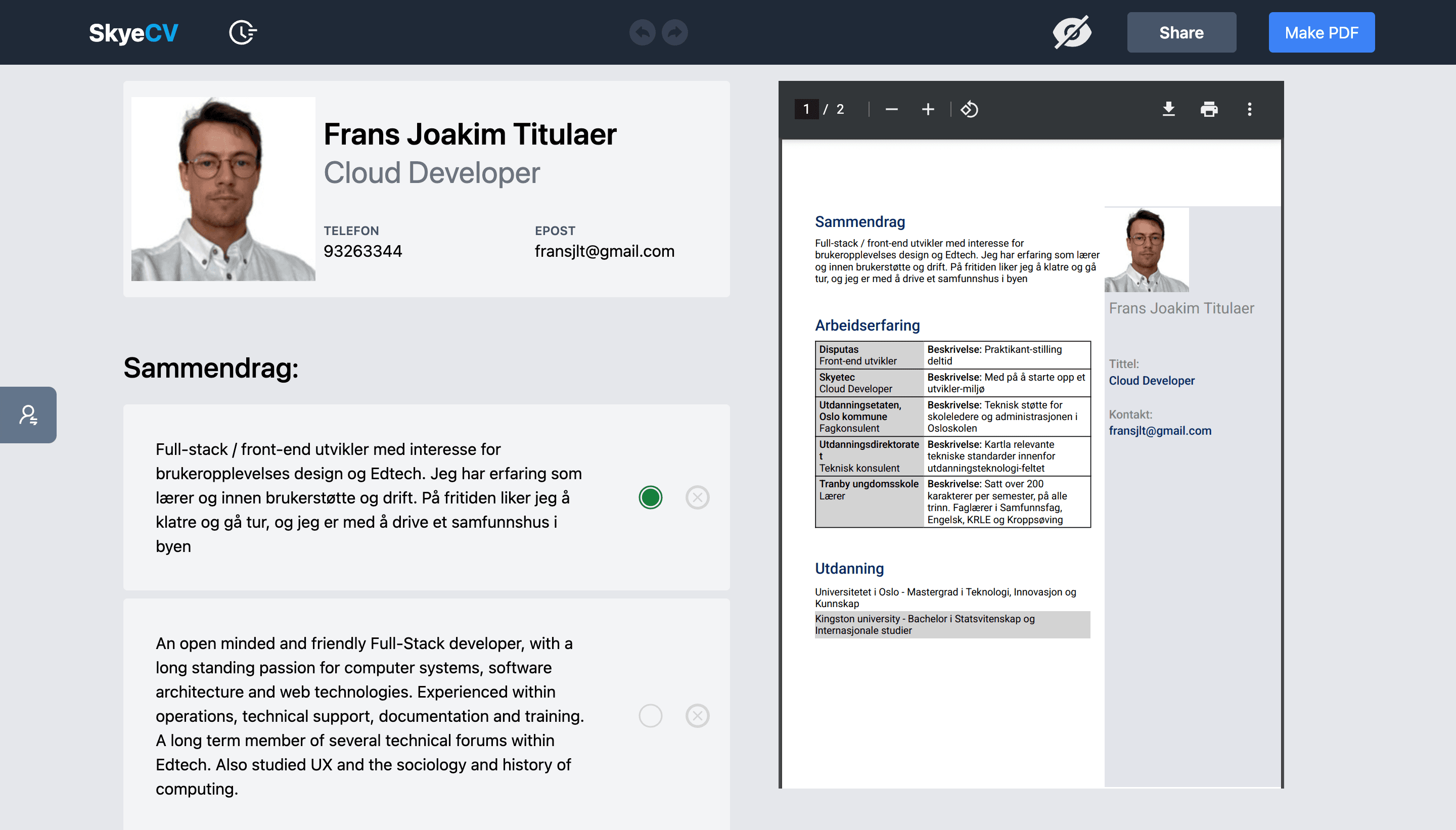 Screenshot of the CV Maker site